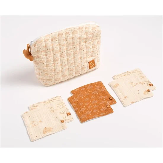 Orsino Trousse de toilette + carrés éponges   Vanille / Camel        de               Sauthon Baby Déco
