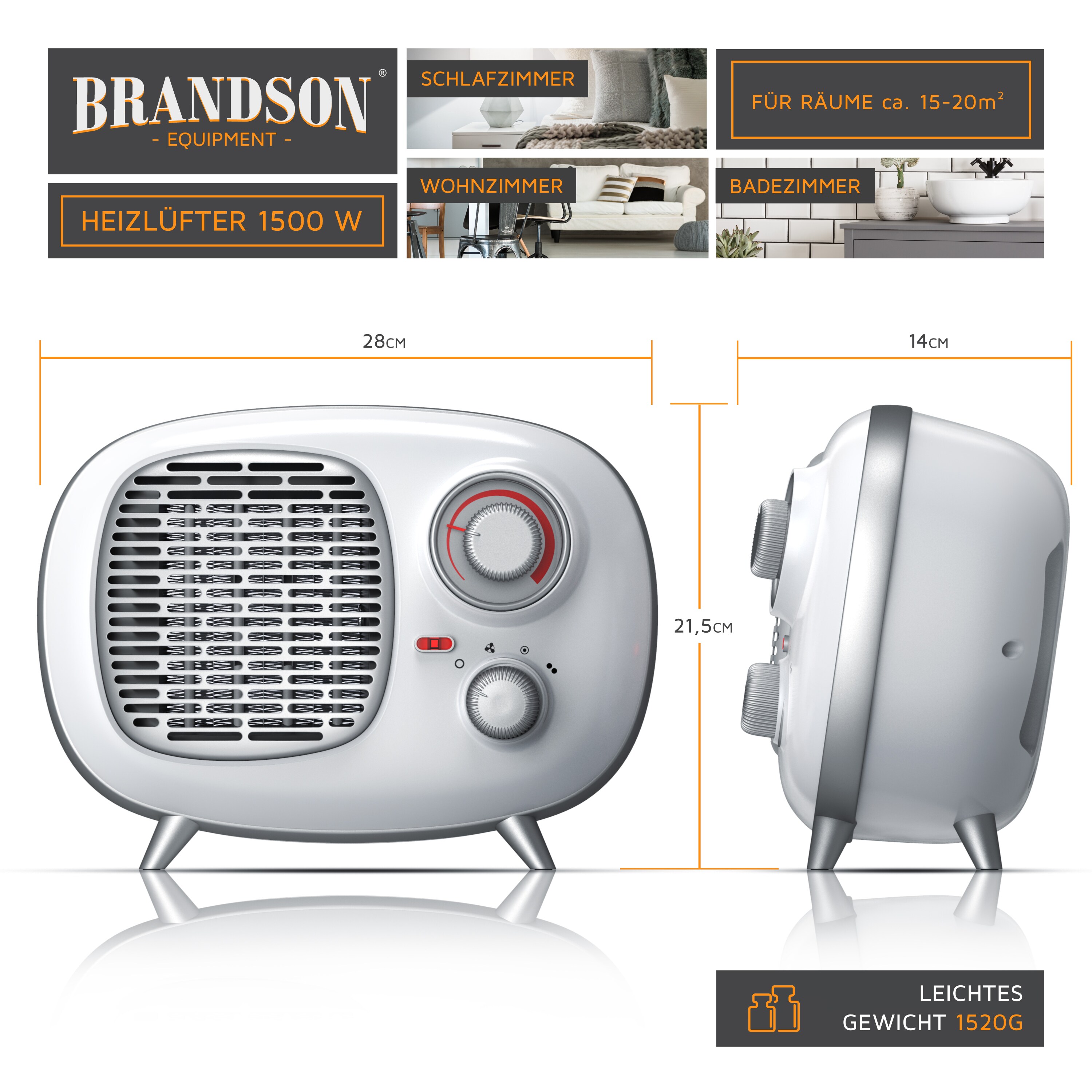 Brandson Keramik Heizlüfter 1500W im Retrodesign, Überhitzungsschutz, Thermosicherung, Umkippschutz, 2 Leistungsstufen, Weiß/Silber