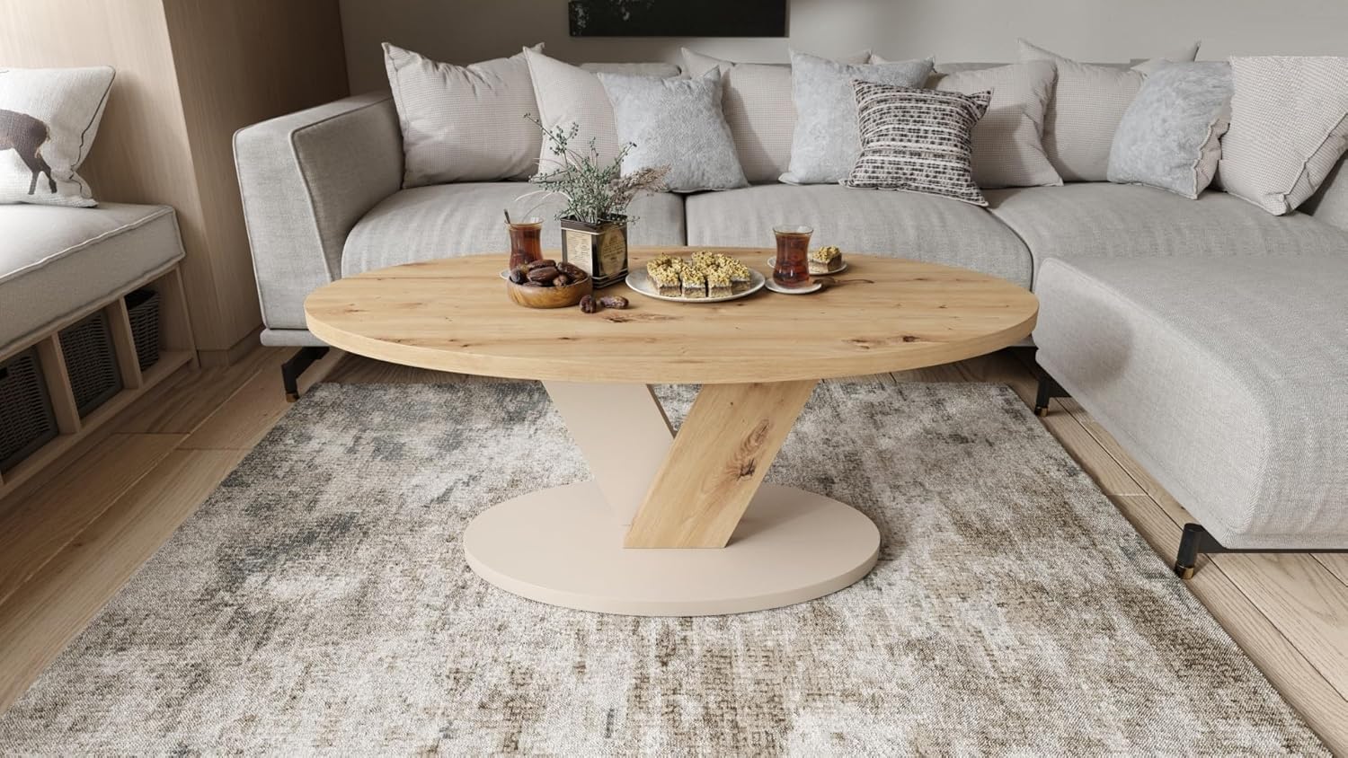 designimpex Design Couchtisch Lova Eiche Artisan/Beige matt 110x45x60 cm oval Couch Table Ablage Stubentisch Living Room Table Moderne Tische ovaler Wohnzimmertisch Sofa Wohnzimmer Küchentisch
