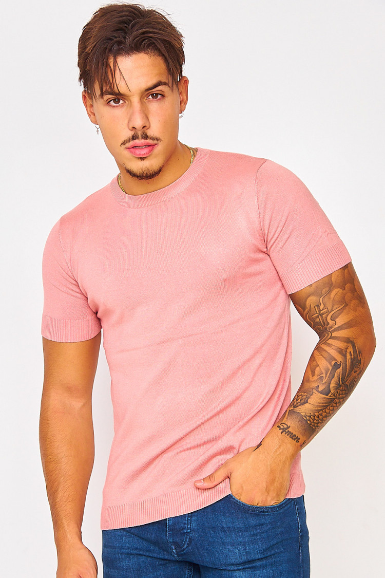 T-shirt rose côtelé manches courtes