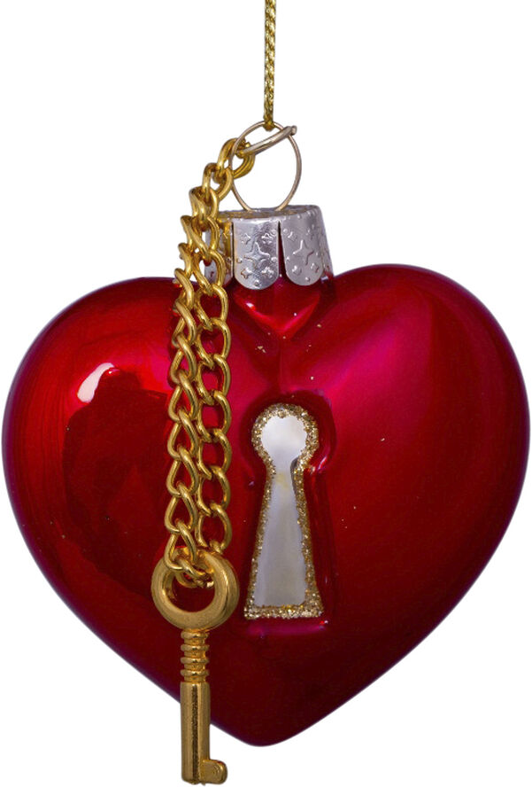 Vondels Ornament glass red opal heart with key lock H6. 5cm Red
