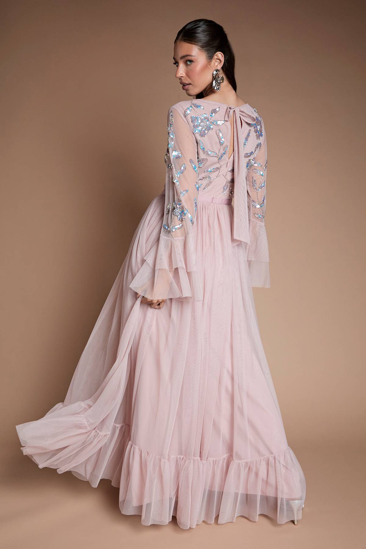 Coast Robe De Demoiselle D'honneur Longue En Tulle À Paillettes Avec Manches Longues Et Volants