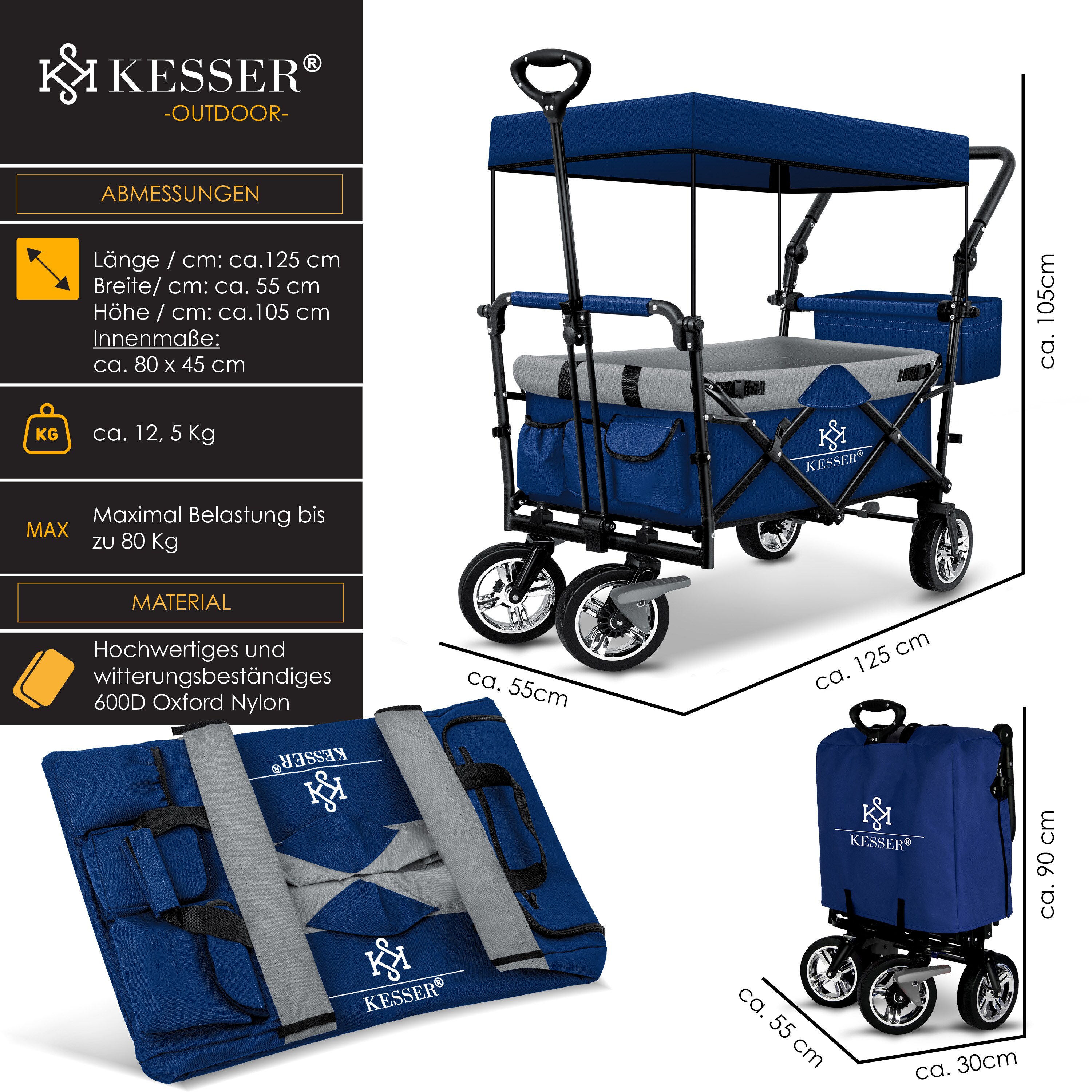 KESSER® Bollerwagen faltbar GT9000 mit Dach Handwagen Transportwagen | inkl. 2x 3-Punkt Gurtsystem| klappbar | Vollgummi-Reifen | bis 80 kg | Vorder- und Hinter-Bremse | + Tragetasche