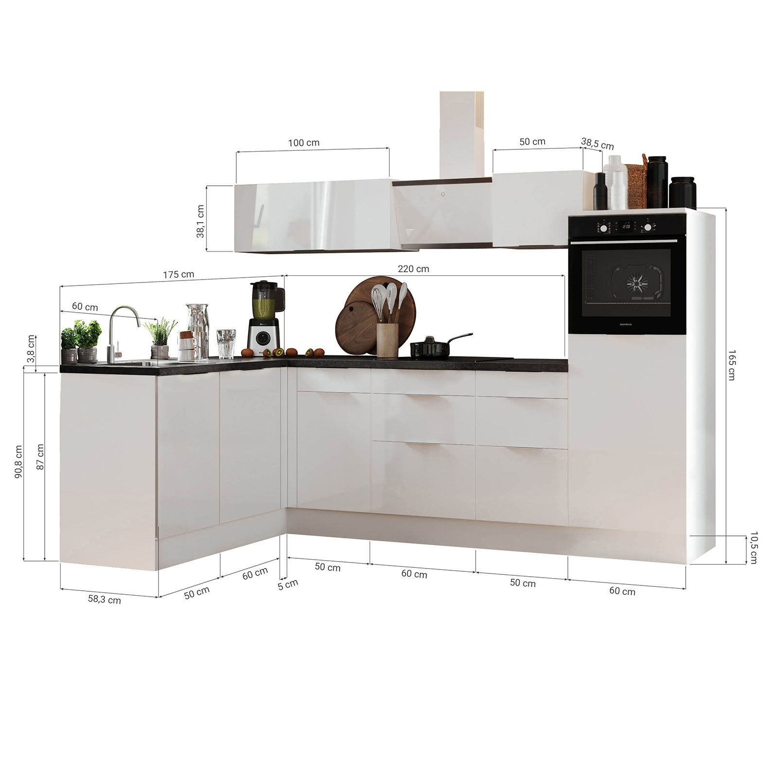 RESPEKTA Winkelküche - grau matt - weiß matt - mit E-Geräten - 280x175 cm
