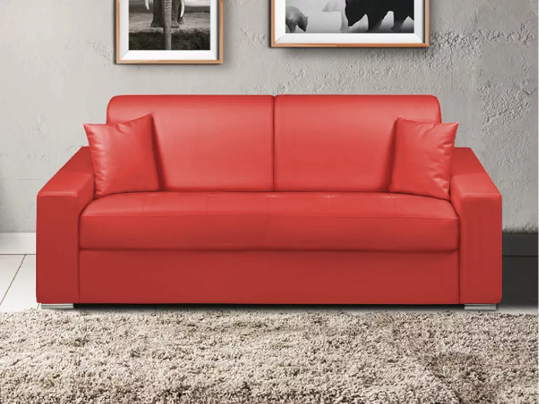 Canapé 3 places convertible express en simili EMIR - Rouge - Couchage à lattes larges 140 cm - Matelas 14 cm