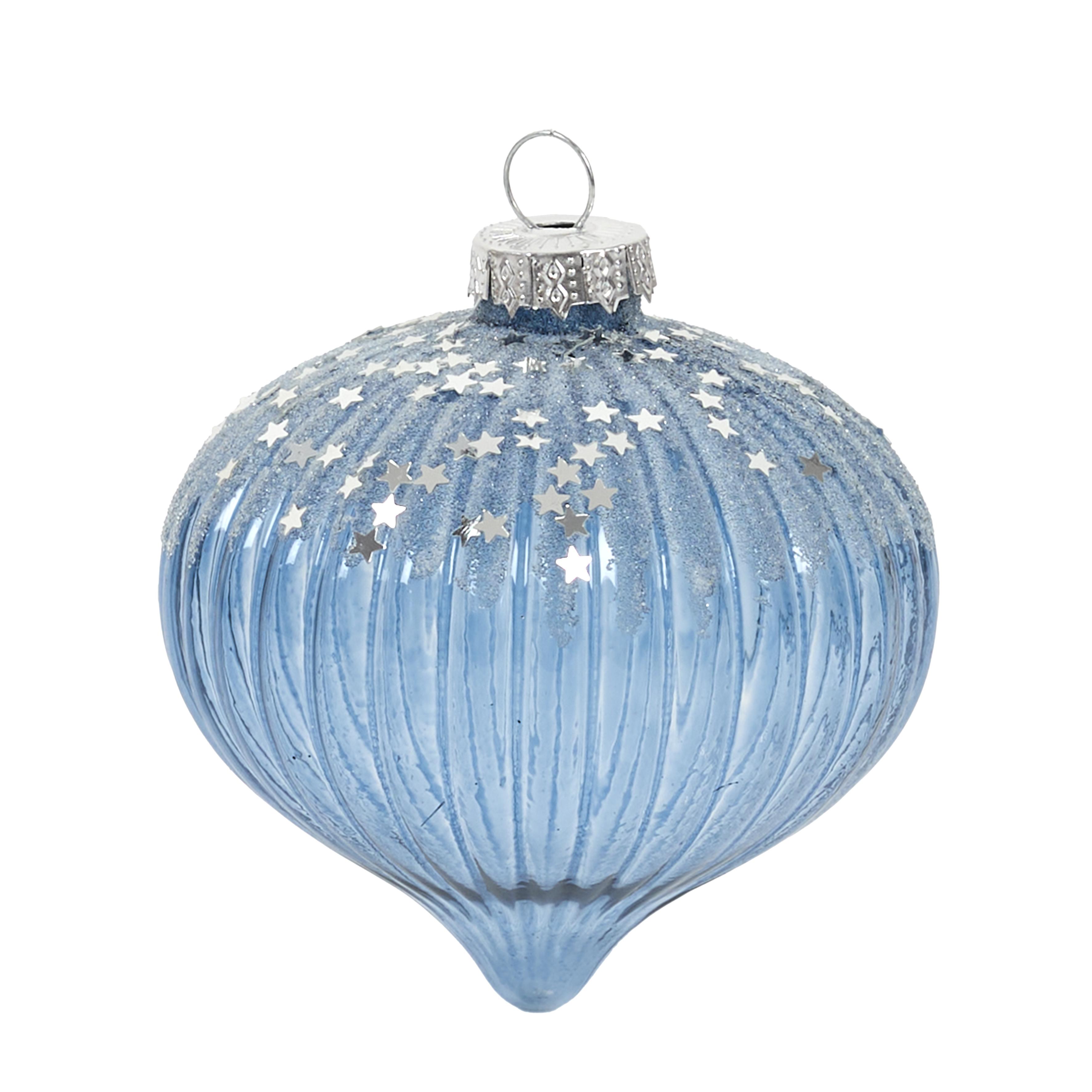 BOULE VERRE BLEUE OIGNON AVEC ETOILES ARGENT D.8CM