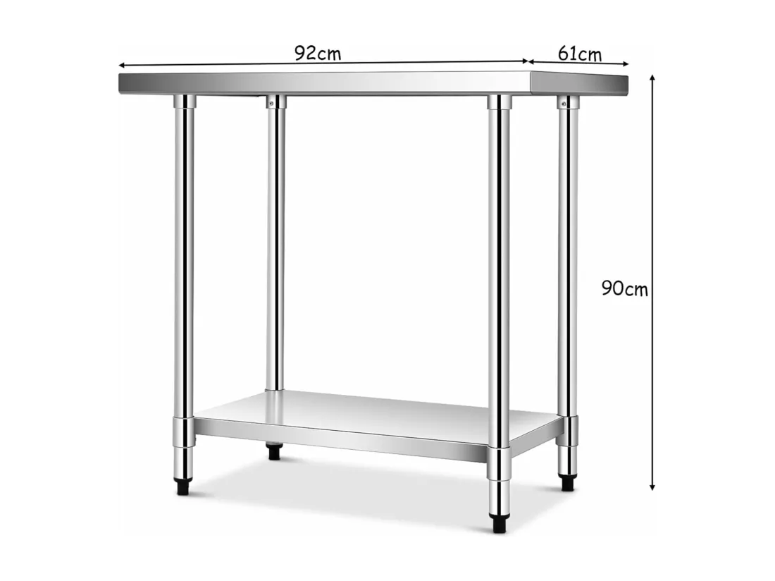 Table de Travail Cuisine en Acier Inoxydable 61 x 92 x 90 cm, Plan de Travail Cuisine avec 2 Étagère, Charge 250 kg, Extérieur/Intérieur pour Cuisine, Restaurant, Jardin, Hôtel