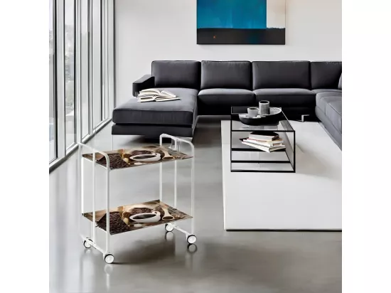 Chariot pliant à roulettes, table pliante roulante, desserte - Structure métallique blanche, 2 niveaux en stratifié motif Café - 72*66*43 cm - BAUHAUS