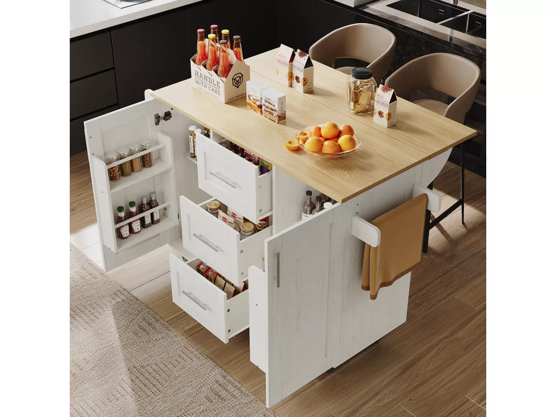 Ilot central de cuisine mobile avec 2 portes, 3 tiroirs et porte-serviettes - Plateau extensible - 134.5 x 46/74 x 90.8 cm - MDF - Blanc