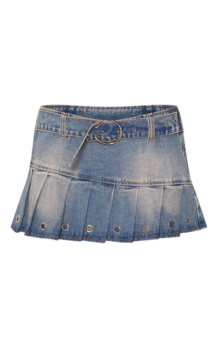 Délavage Vintage Jupe Mini Plissée En Denim Avec Ceinture Détail Petite
