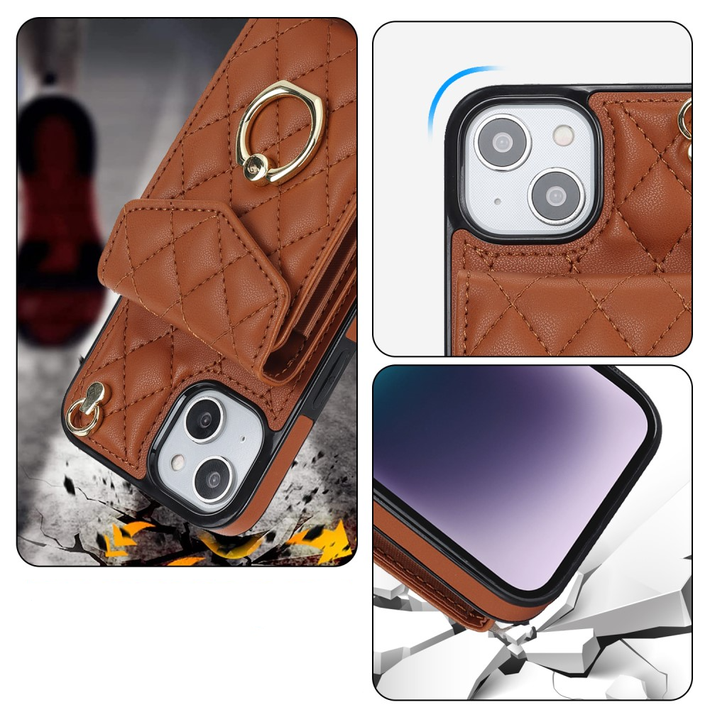 iPhone 15 Necklace Leder Hülle mit Kartenfächer   Finger Griff Halterung   Handykette (RFID Schutz) - Braun