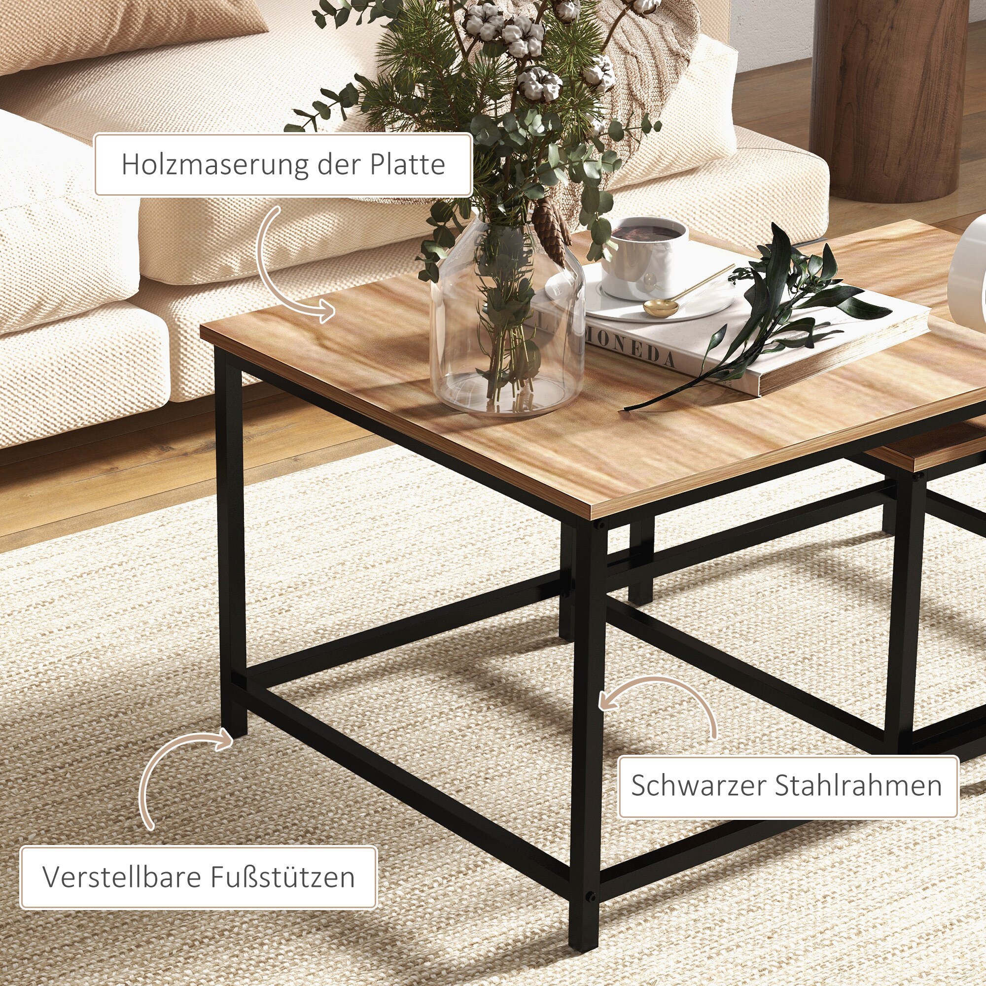 HOMCOM Couchtisch-Set mit Stahlrahmen natur 60L x 60B x 45H cm