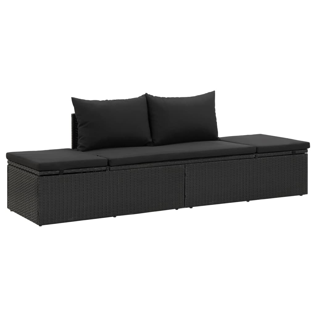 Transat chaise longue bain de soleil lit de jardin terrasse meuble d'extérieur avec coussins résine tressée noir