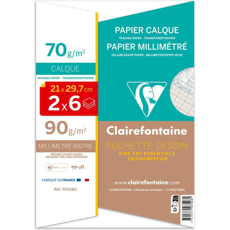 Vélin Millimétré pochette calque et millimétré 2x6F A4 70g