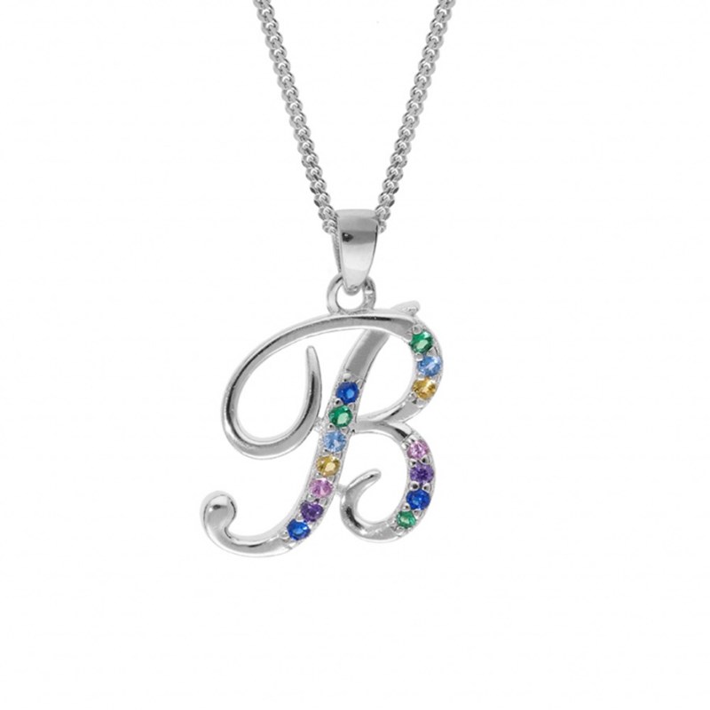 Collier femme Initiale lettre B et oxydes multicolores - Argent