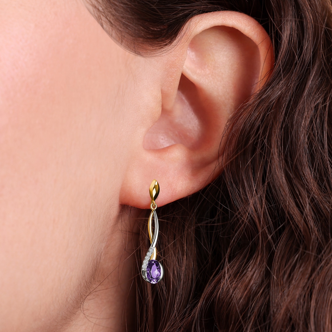 Ohrhänger 750/18 K Gelbgold mit Diamanten 0.04 ct H/si & Amethysten