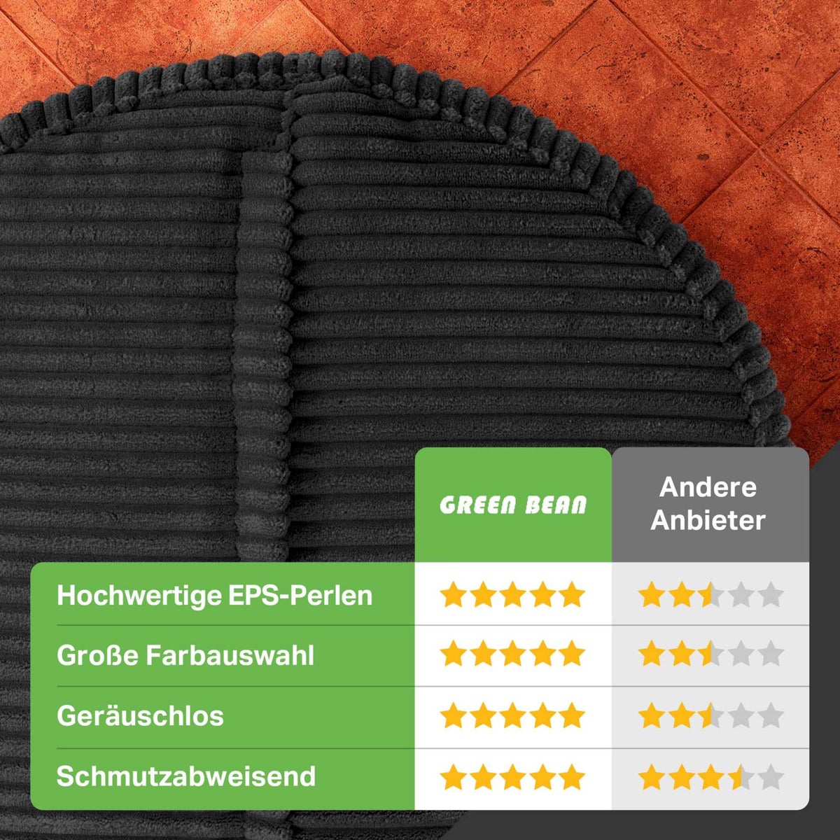 Groene bonen poef kussen 45x25cm met EPS kralen vulling & corduroy stof vloerkussen ligstoel kussen zitkussen poef fauteuil kinderen volwassenen stoffen kruk opbergruimte zwart