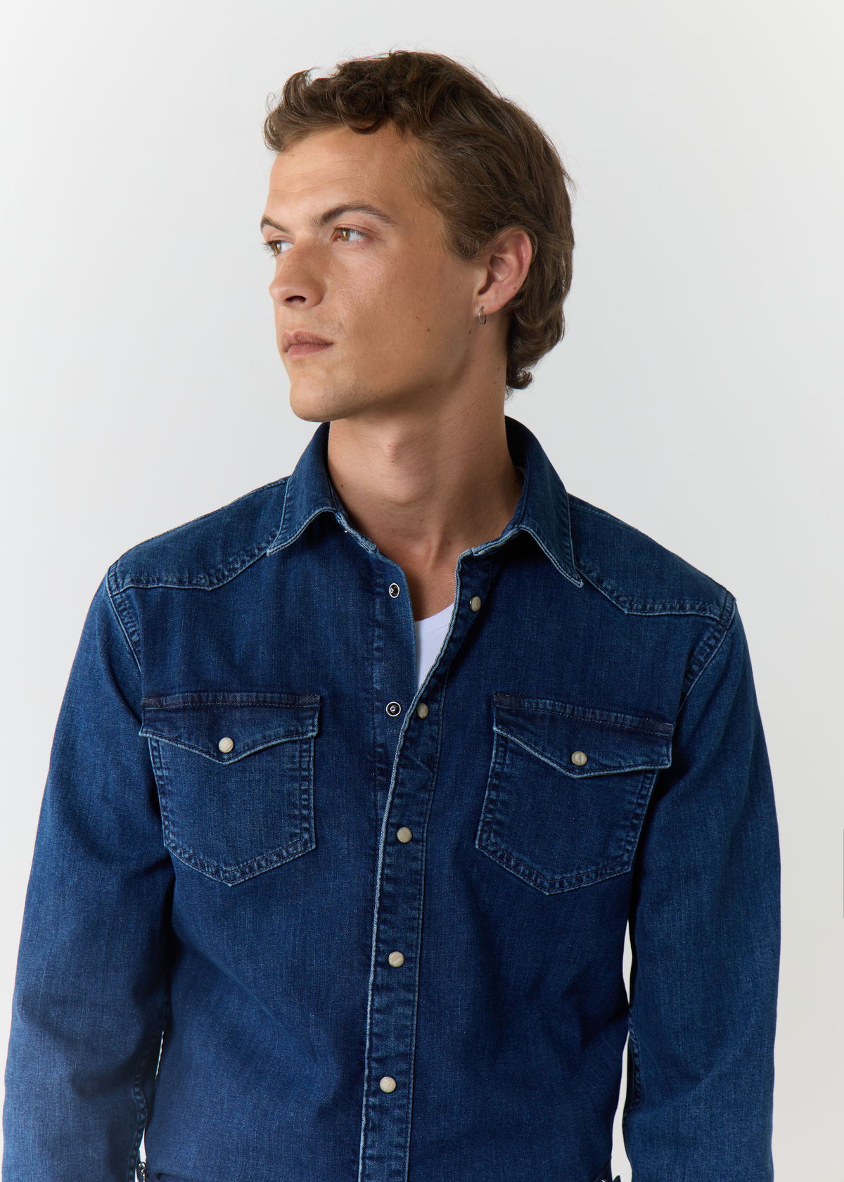 Chemise sport Slim en coton denim uni bleu jeans