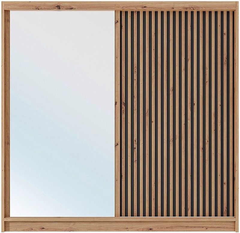 CALOWI - Kast - Houteffect en Zwart - Met 2 Schuifdeuren en Spiegel - L203 cm