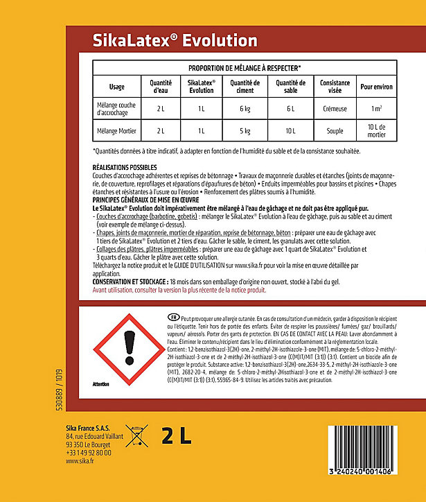 Agent d'adhérence et additif pour mortiers Sika SikaLatex 2 L