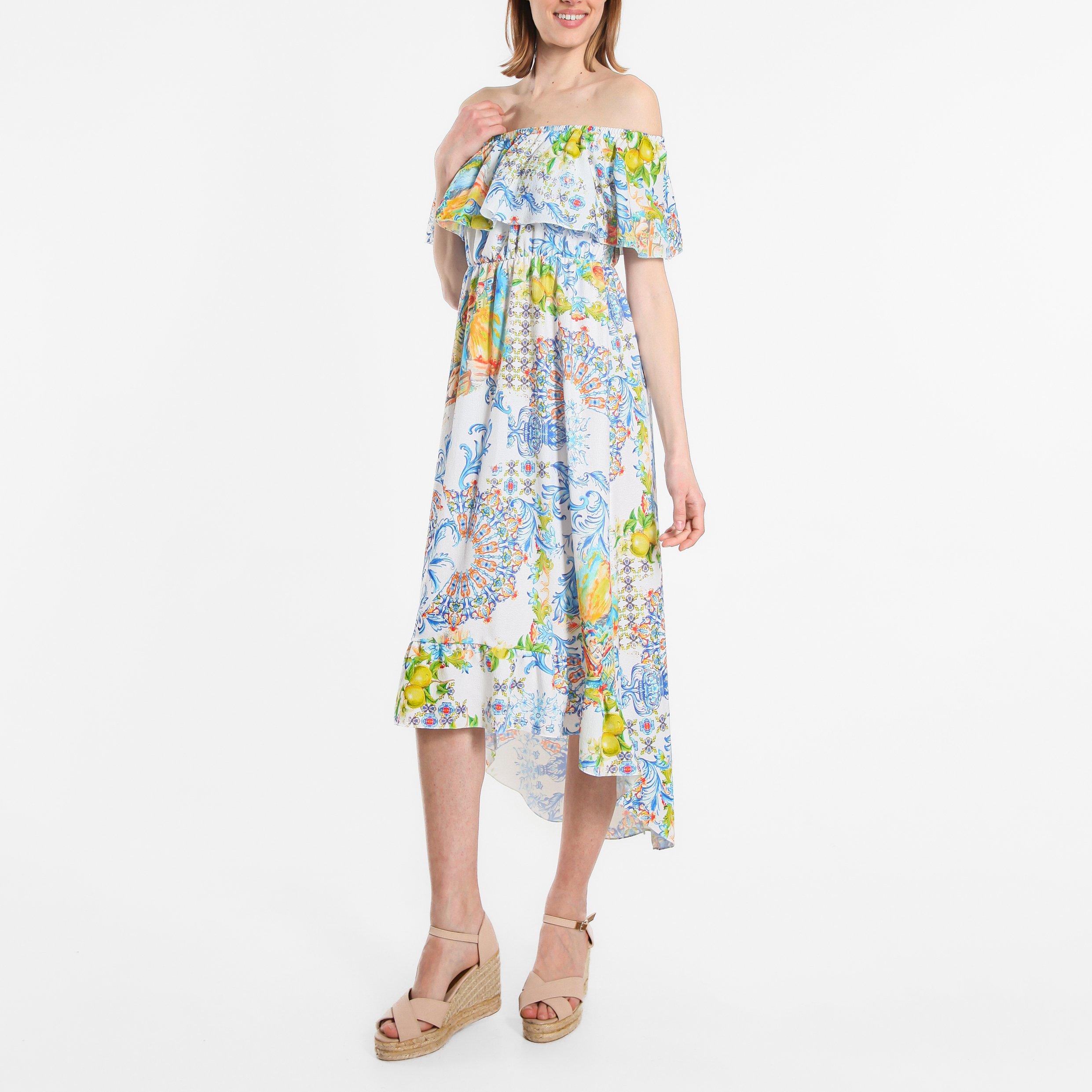 Be You Frill Frill Bardot Dip Back Midi Dress