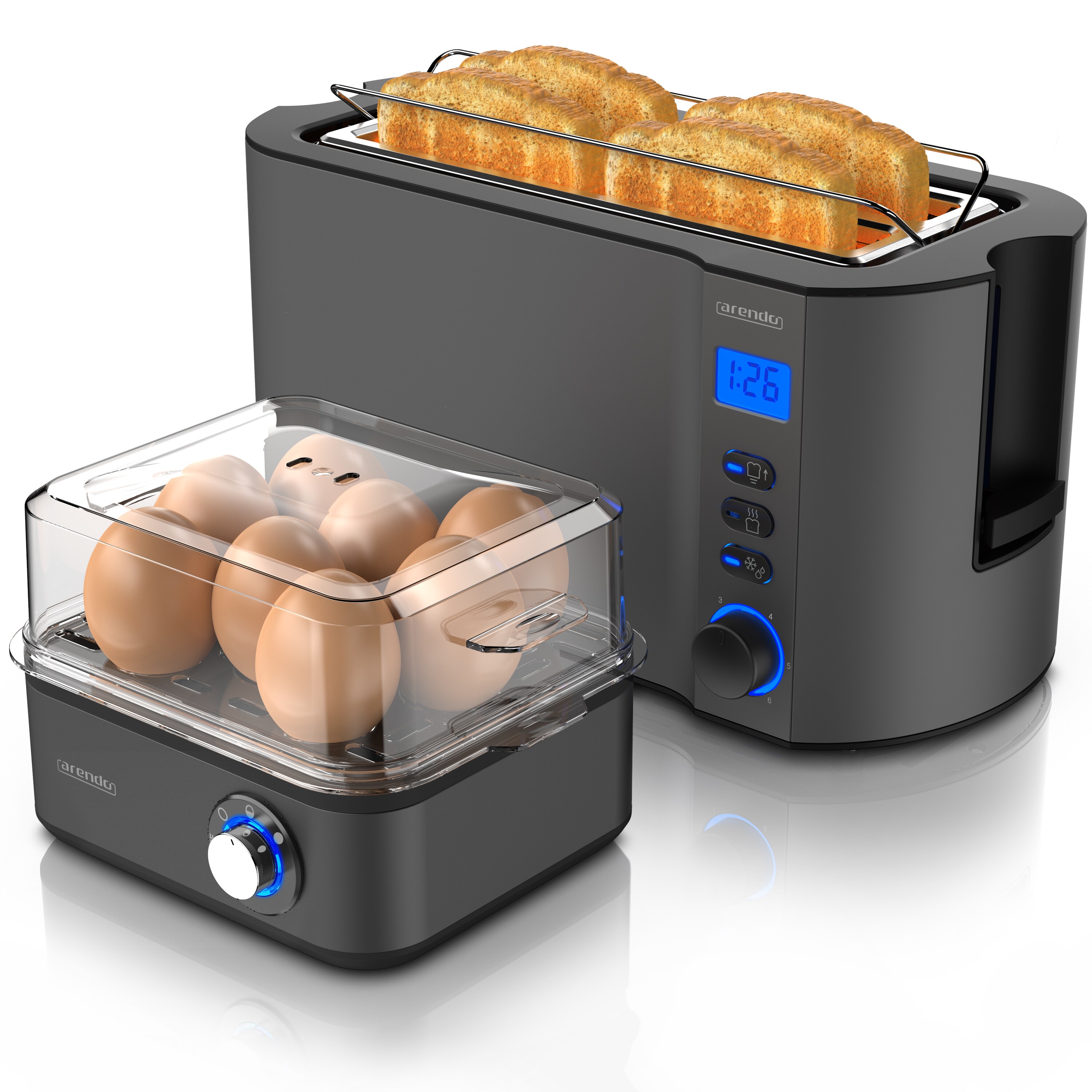 Arendo Frühstücks-Set, 8er Eierkocher + Langschlitz Toaster für 4 Scheiben, Grau