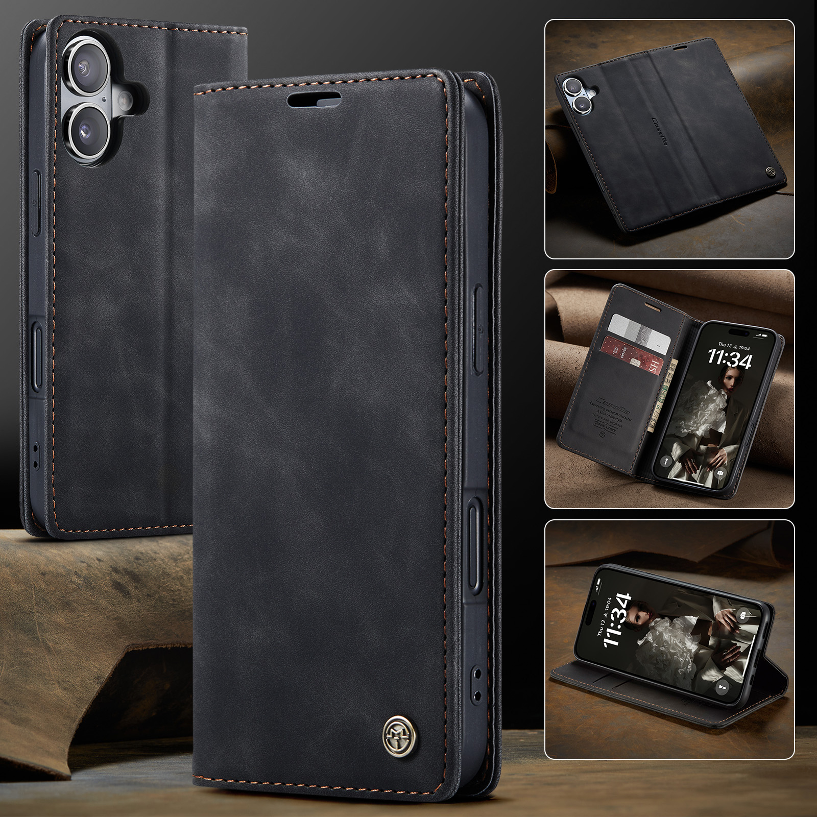 iPhone 17 Leder Tasche Flip Wallet Etui mit Kartenfächern - Schwarz
