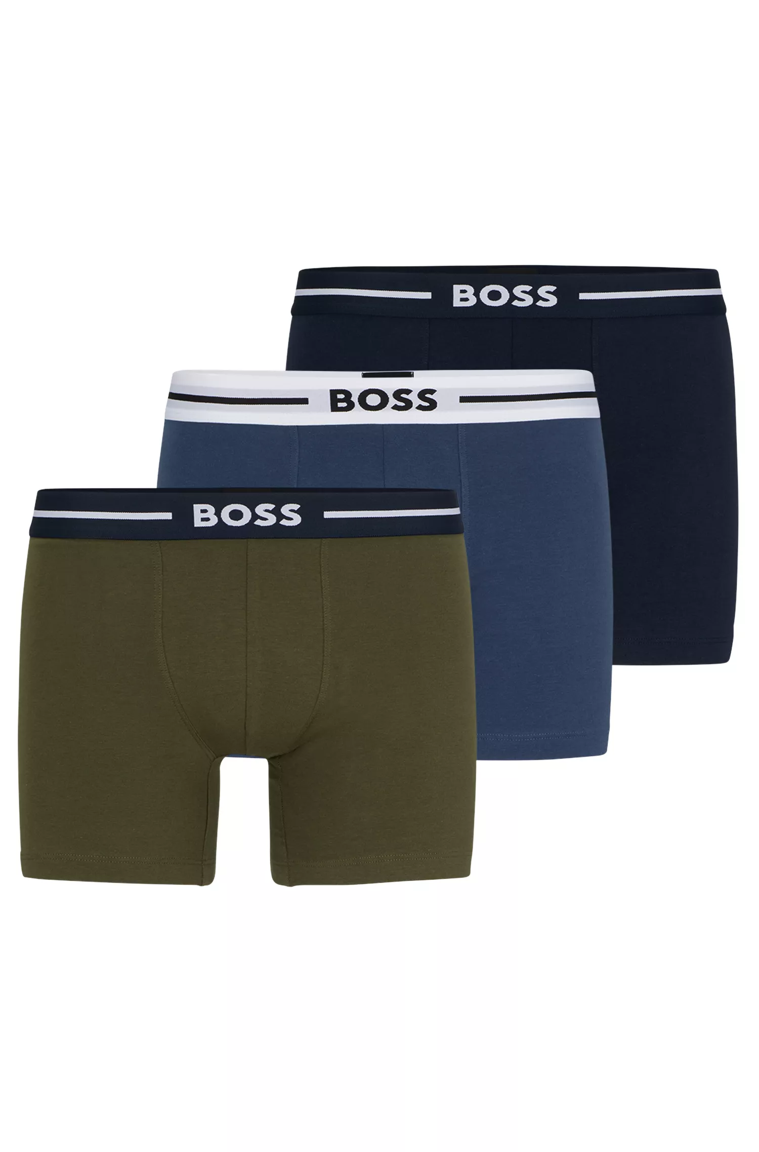 Cuecas boxer BOSS pretas, pacote com três unidades em algodão elástico.
