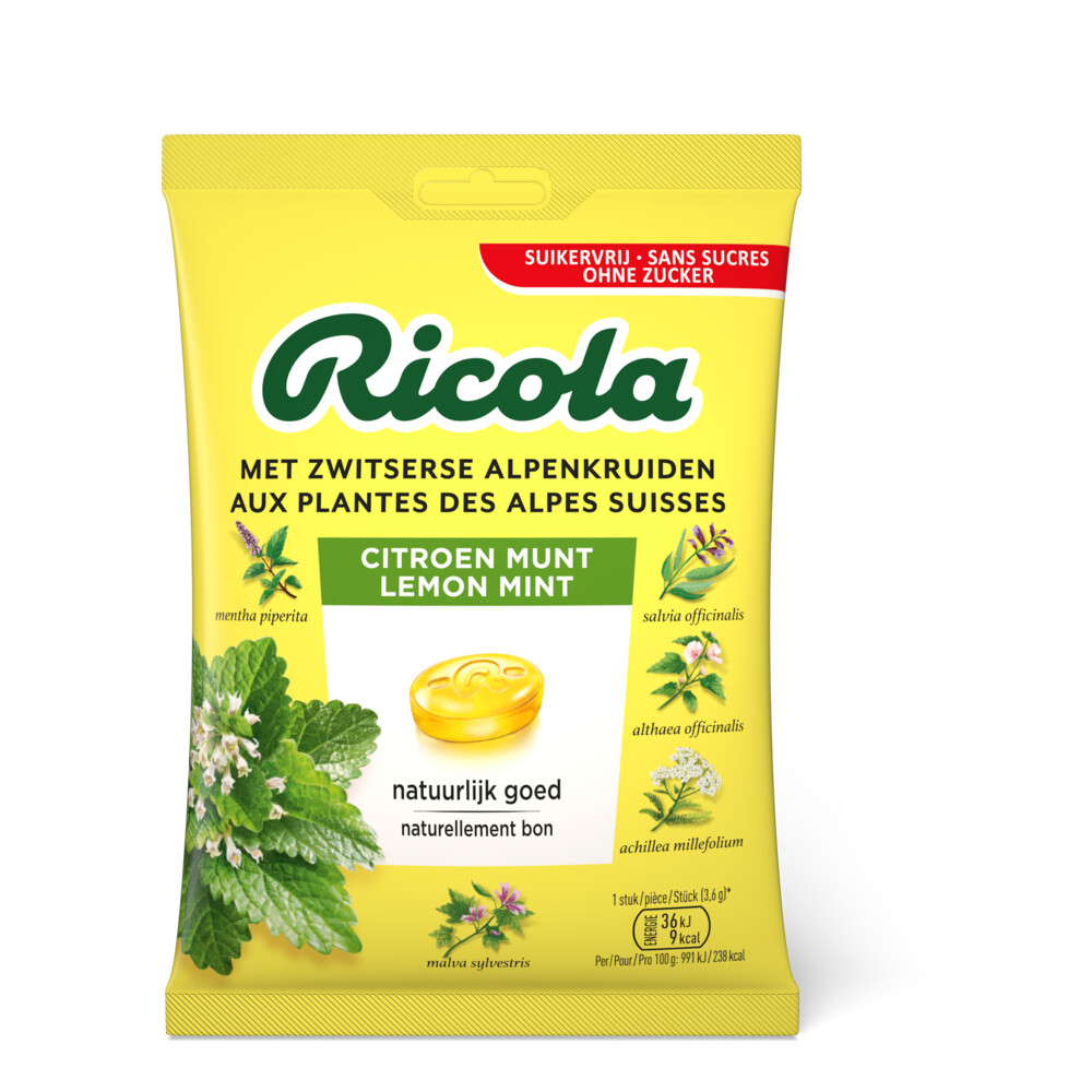 6x Ricola Keelpastilles Citroen Munt Suikervrij Zakje75 gr