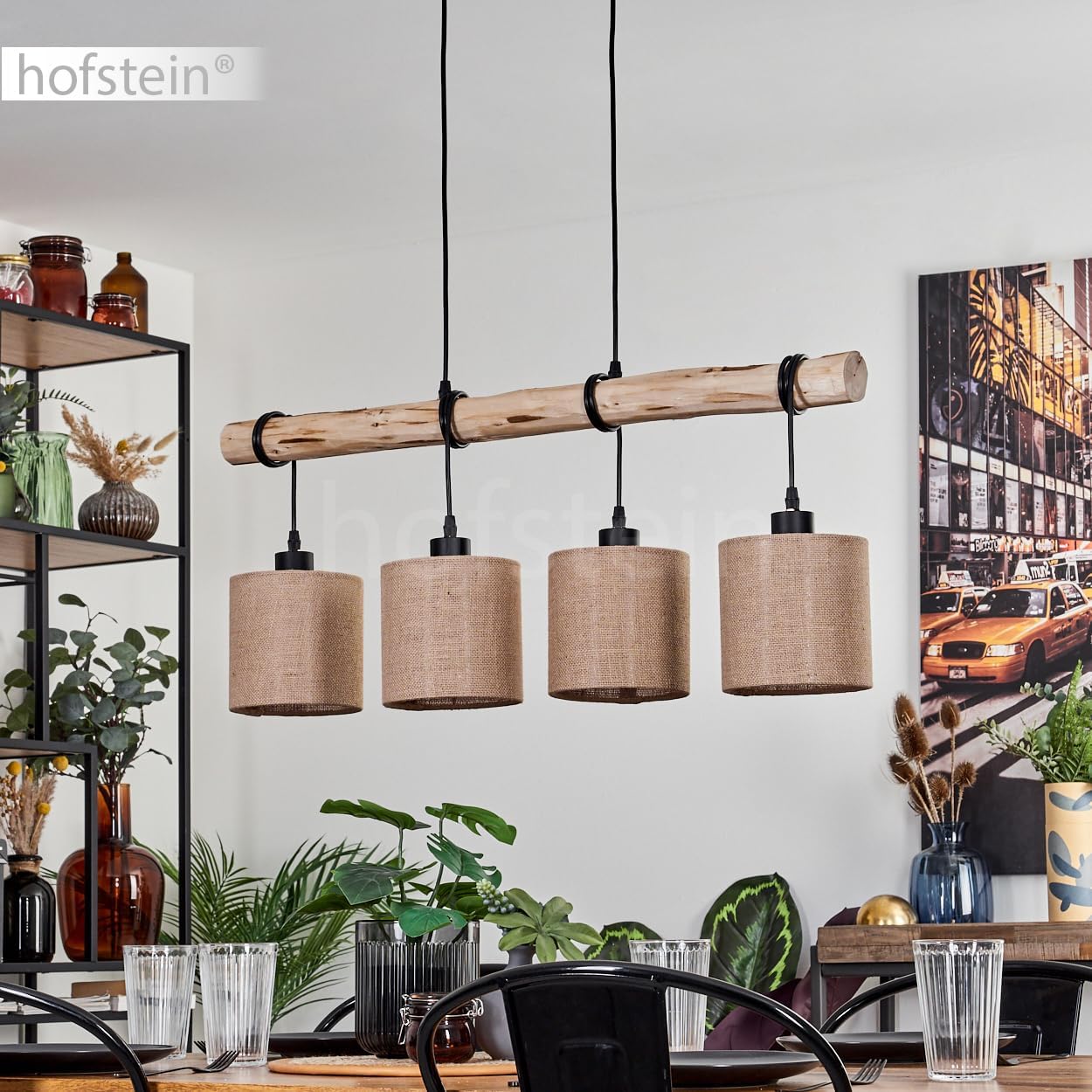 HOFSTEIN Pendelleuchte Soungou, moderne Hängelampe aus Holz/Metall/Leinen in Natur/Schwarz/Beige, 4-flammige Hängeleuchte im skandinavischen Design, Höhe max. 180 cm, E27, Wohnzimmer, Esszimmer, Küche