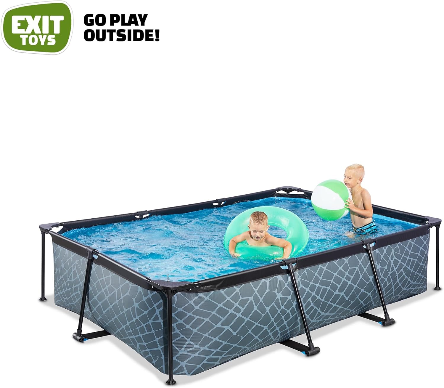 EXIT Toys Stone Pool - 300x200x65cm - Rechteckiger, Kompakter Rahmenpool mit Kartuschenfilterpumpe - Leicht Zugänglich - Für Kleinkinder Geeignet - Starker Rahmen - Einzigartiges Design - Grau