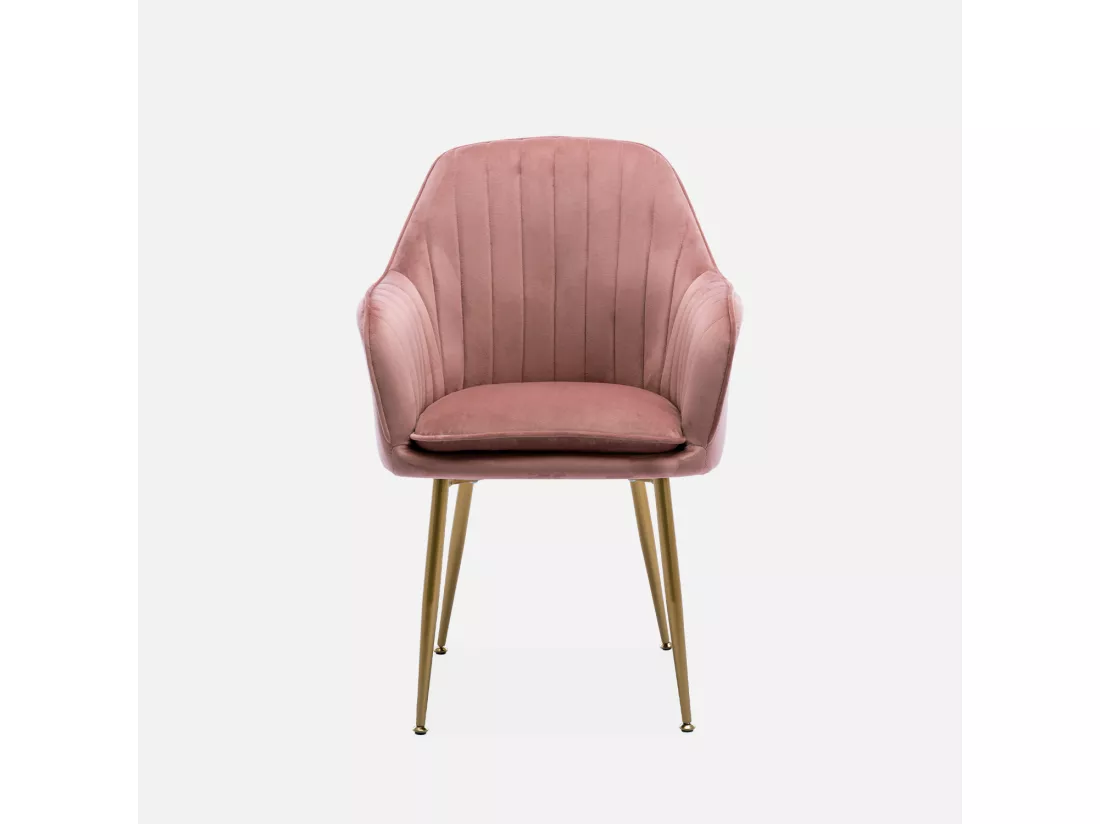 Fauteuil en velours vieux rose et pieds en métal doré. Shella L 58 x P 58 x H 85