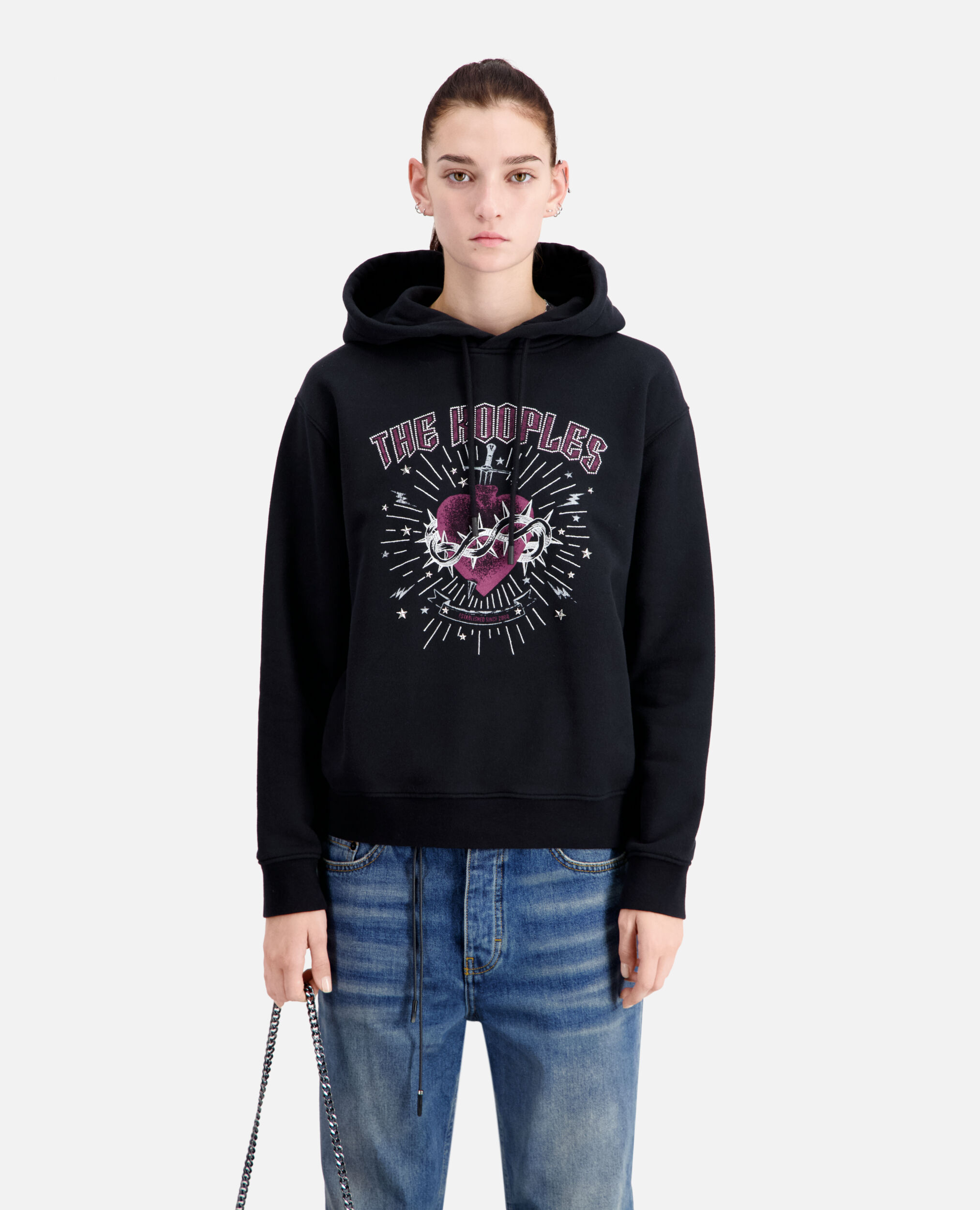 Women's Black hoodie with Dagger through heart serigraphy