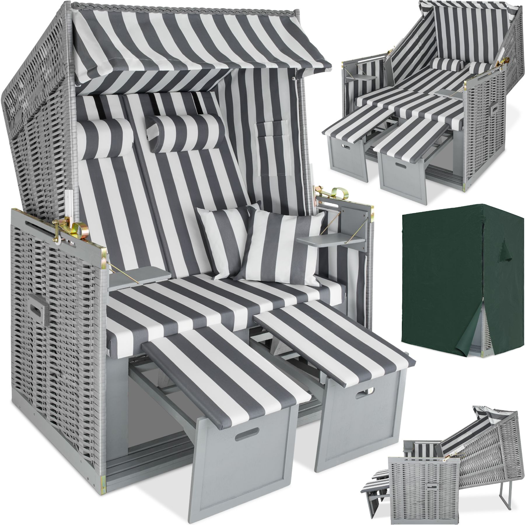 tectake® Strandkorb, gepolstert mit ausziehbaren Fußbänkchen, klappbare Seitentische und weitere Extras, 115 x 158 x 78 cm