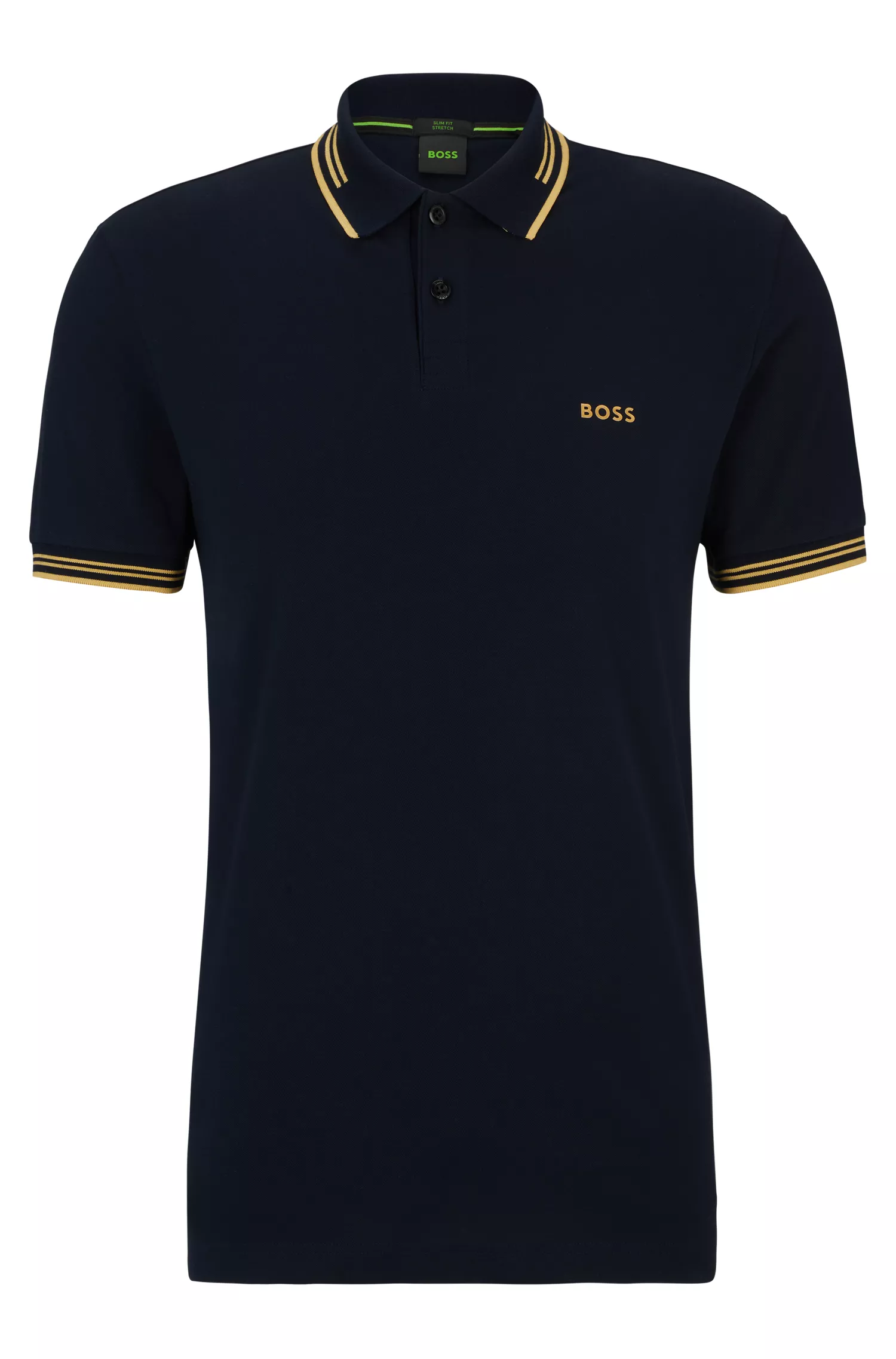 Camisa polo BOSS verde, de algodão stretch, corte slim, com a marca estampada.