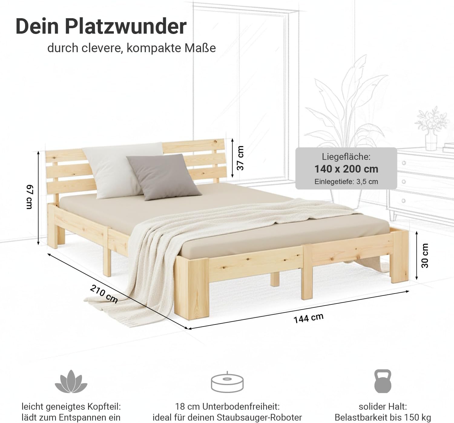 Homestyle4u Holzbett 160x200 cm Natur Doppelbett mit Lattenrost Massiv aus Kiefer Bett Naturholzbett, Robust und Modern | Artikel 1838