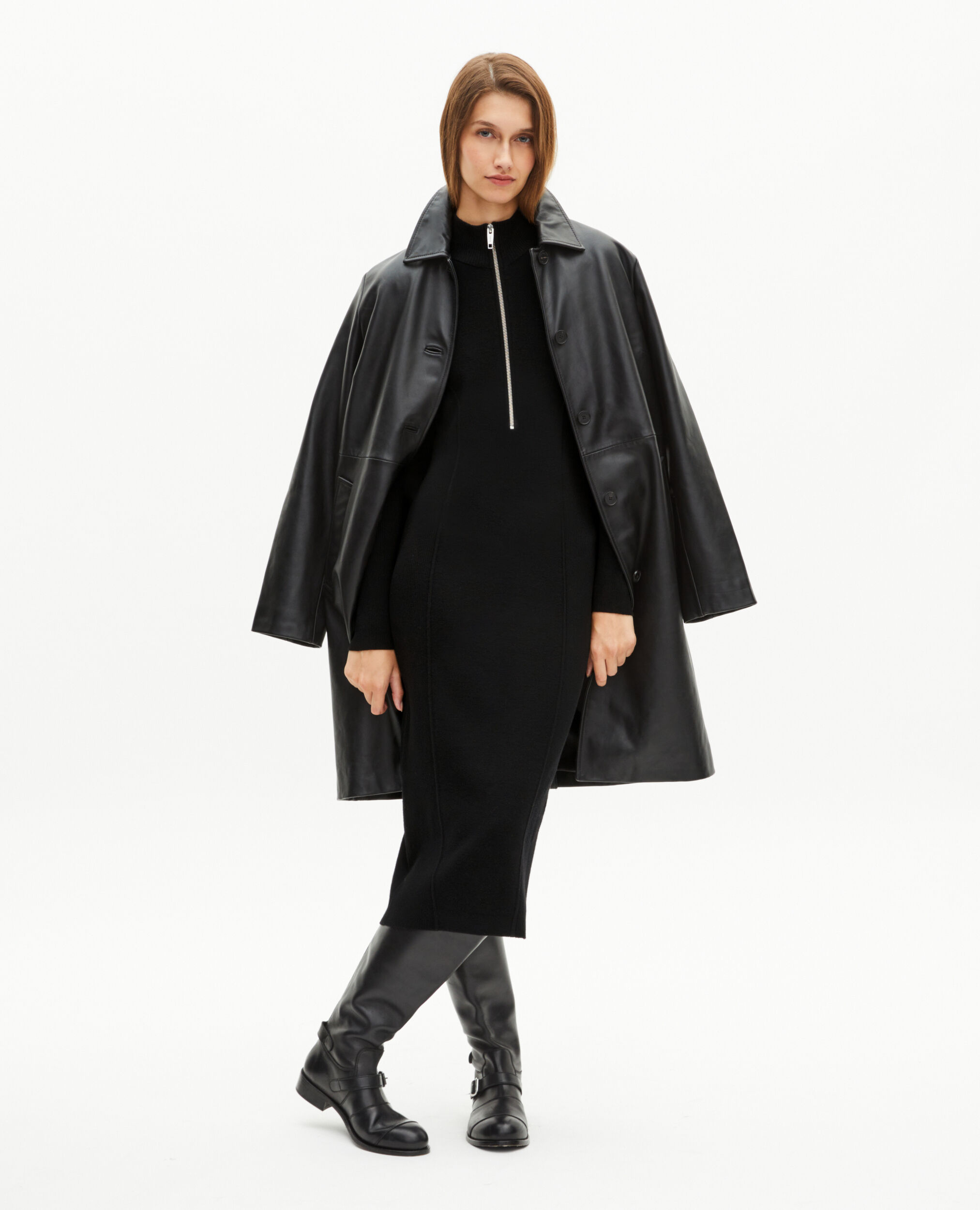 Robe longue en laine mélangée col zippé noire