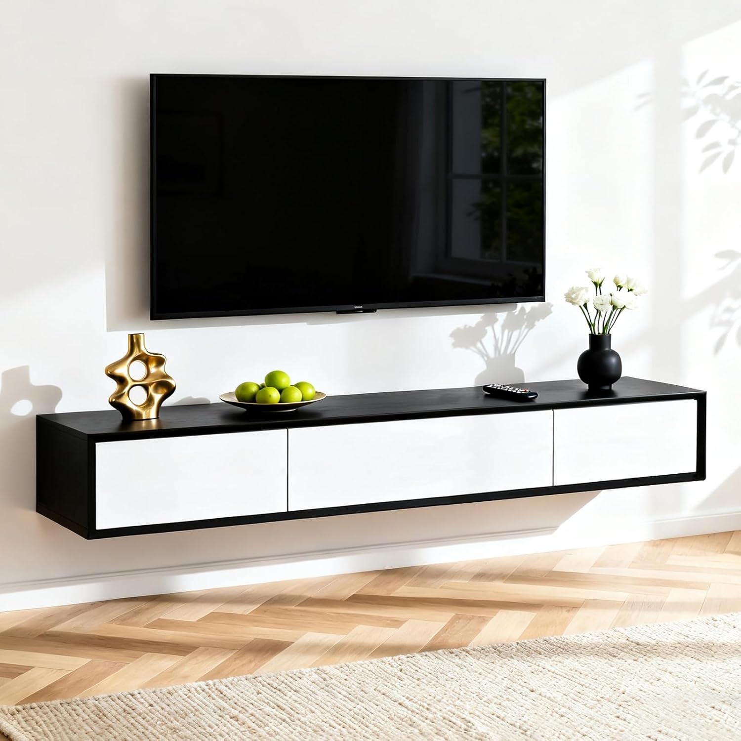 TV Lowboard Hängend 160cm, TV Schrank Hängend mit 3 Stauraum, Fernsehschrank Holz, Grifflose Design, Viel Stauraum, Schwebender TV Cabinet für Wohnzimmer und Schlafzimmer