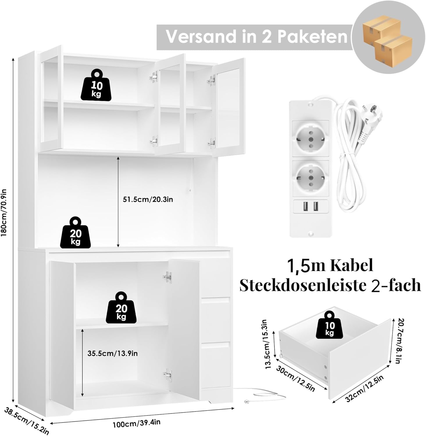 FirFurd Küchenschrank Buffetschrank mit LED Sideboard für Küche mit Steckdosenleiste Küchenschrank mit Arbeitsplatte und 3 Schubladen Küchenbuffet mit Verstellbares Regal 180x100x38.5 cm weiß