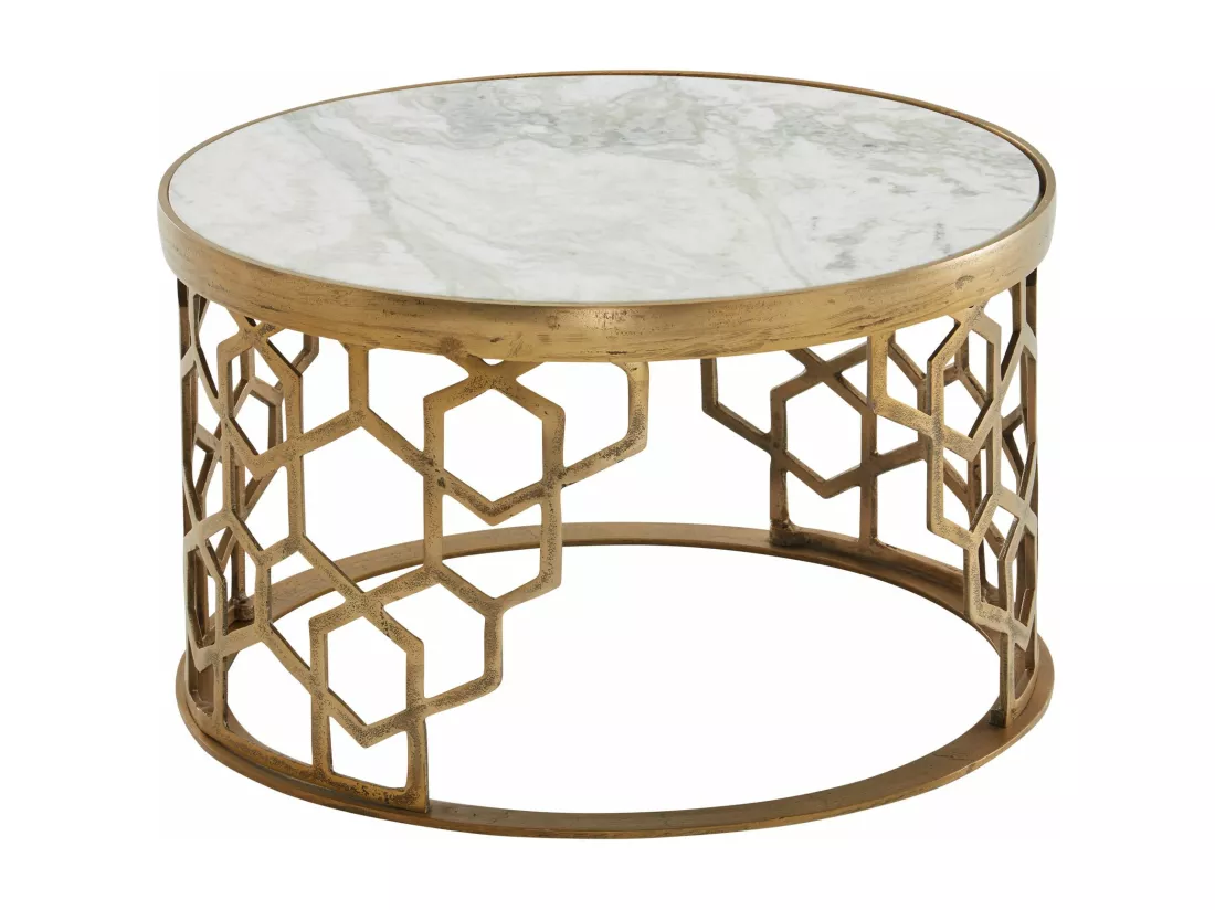 Table Basse de Salon Marbre Véritable et Métal 60x60x36 cm Ronde Or | Petite Table de Canapé Blanc | Design Table d'appoint Style Moderne