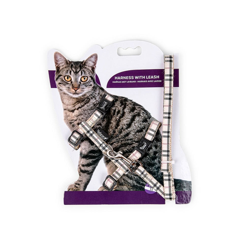 Harnais + laisse 120 cm, écossais beige, réglable, pour chat.