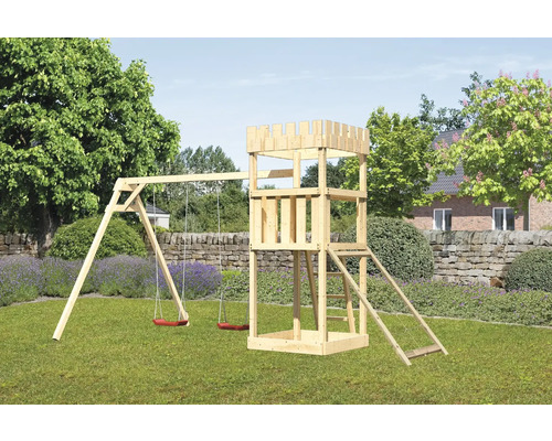 Speeltoren/speelhuis Karibu, 107 x 107 cm, van hout, bestaande uit 2 schommelsets en een nethelling.