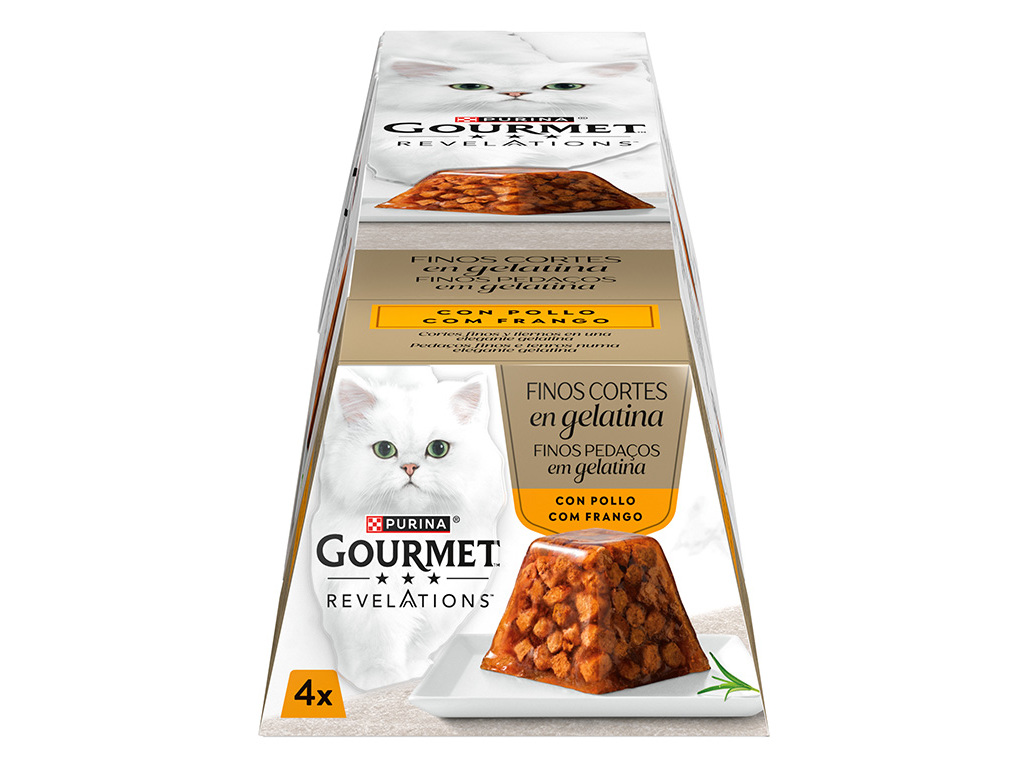 COMIDA HÚMIDA PARA GATO GOURMET REVELATIONS FINOS PEDAÇOS EM GELATINA FRANGO 4X57G