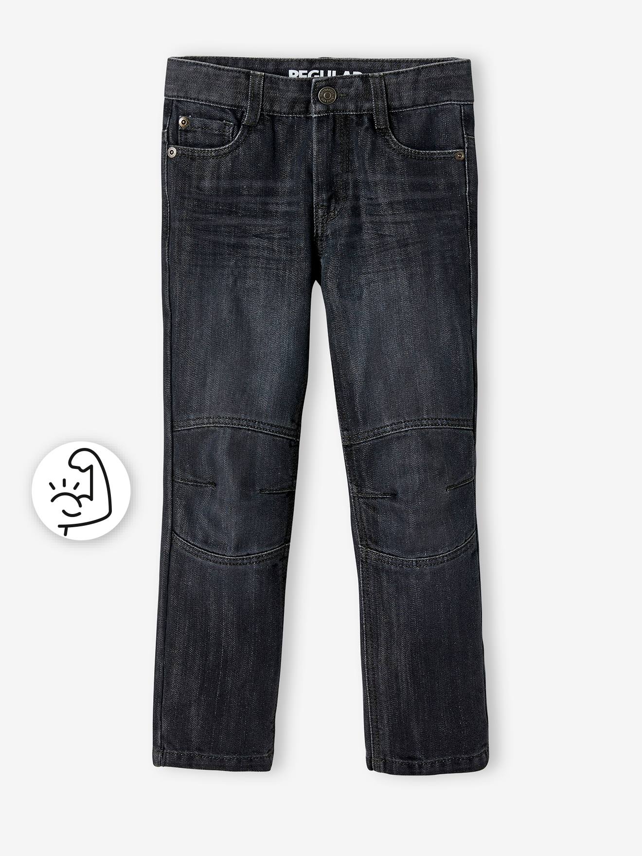 Calça jeans reta indestrutível com rasgos nos joelhos, para meninos, lavagem média cinza.