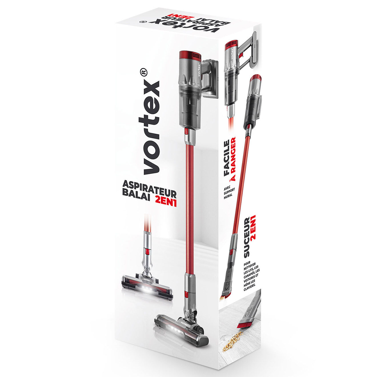 Vortex Aspirateur balai 2 en 1 sans fil gris/rouge - 23.5x23x119.5 cm