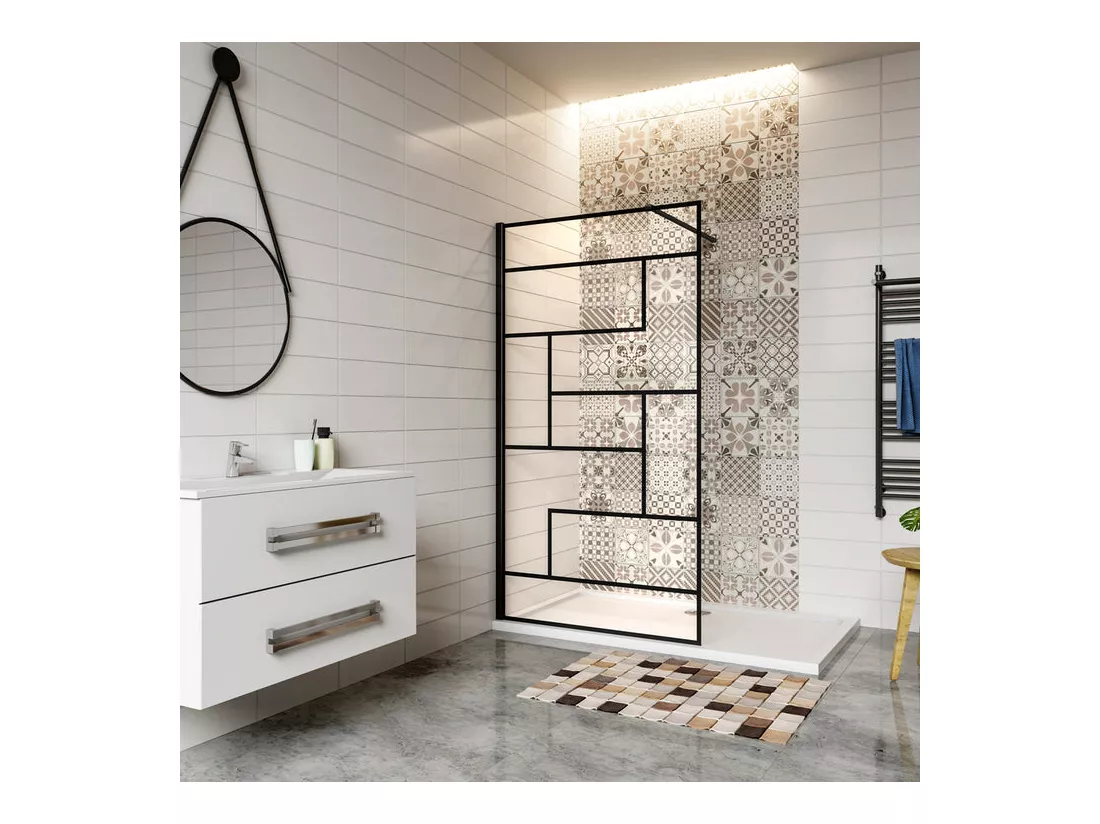 Paroi de douche 120x200cm fixe à l'italienne avec barre de fixation noire 90cm, en 8mm verre anticalcaire style moderne