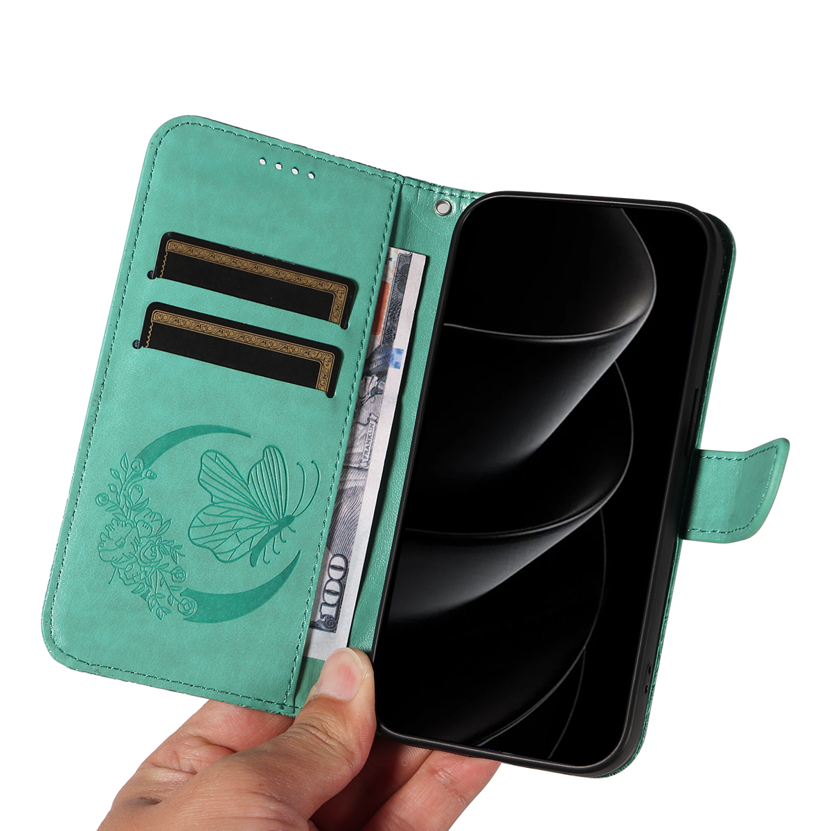 iPhone 17 Pro Max Leder Tasche Flip Cover Schmetterlinge Imprint - Türkis