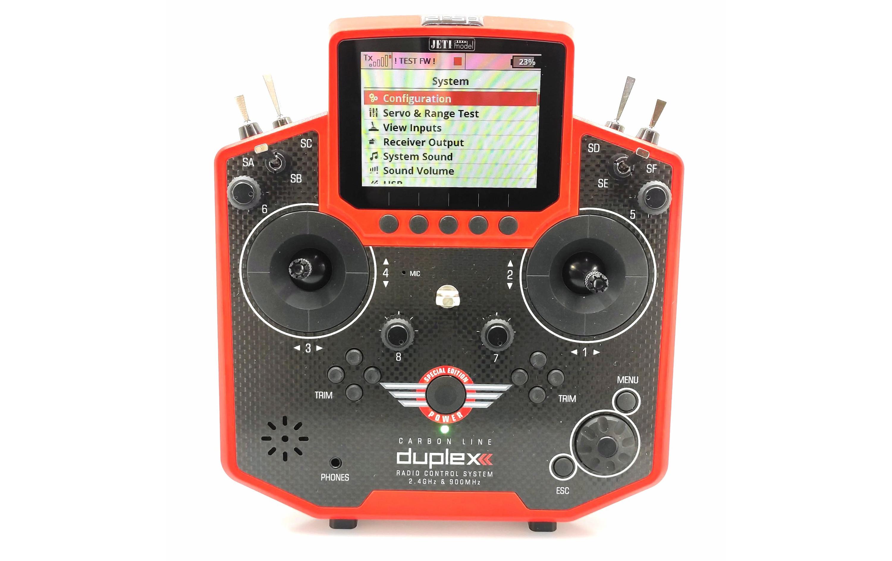 Fernsteuerung Duplex DS-12 Carbon Red 2023 + R9 Empfänger<br>Handlicher Jeti Duplex 2.4 GHz Sender in «Special Edition 2023» Ausführung