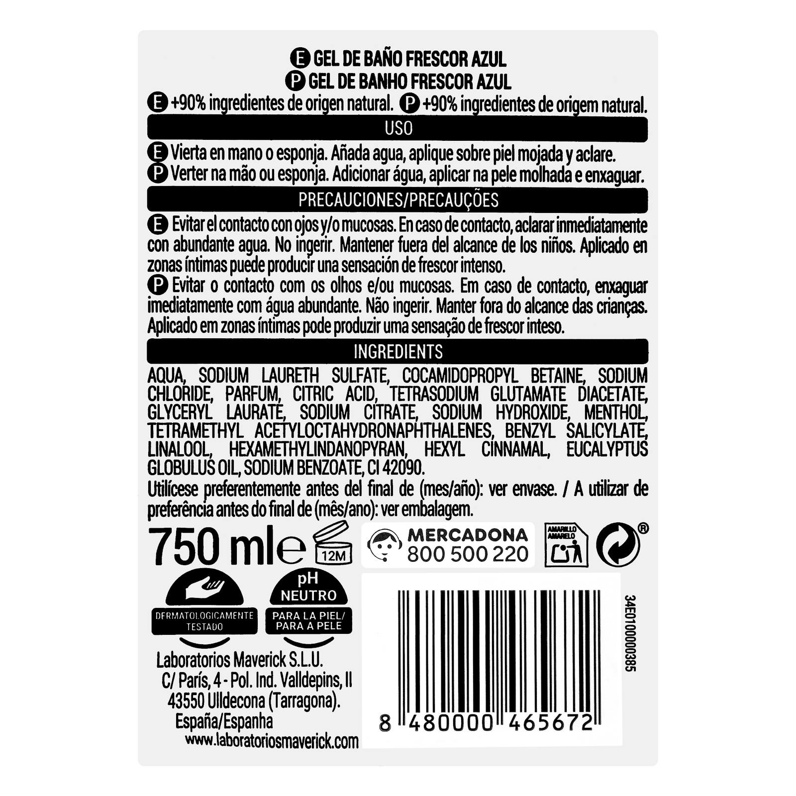 Gel de bain fraîcheur bleue Deliplus pour peaux normales