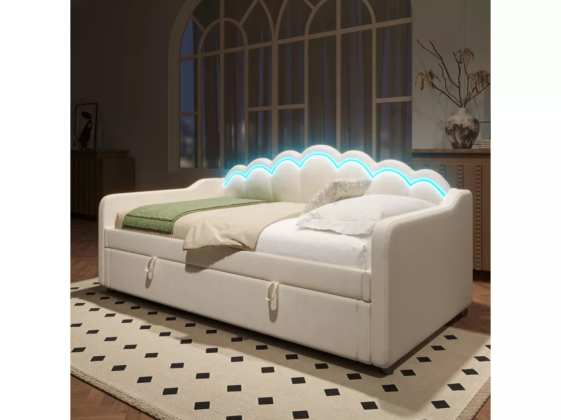 Canapé-lit coffre 90x200cm - Lumière LED changeante de couleur - Velours - Beige (sans matelas)